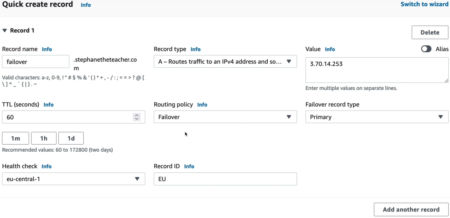 Create a failover routing policy with primary and secondary records