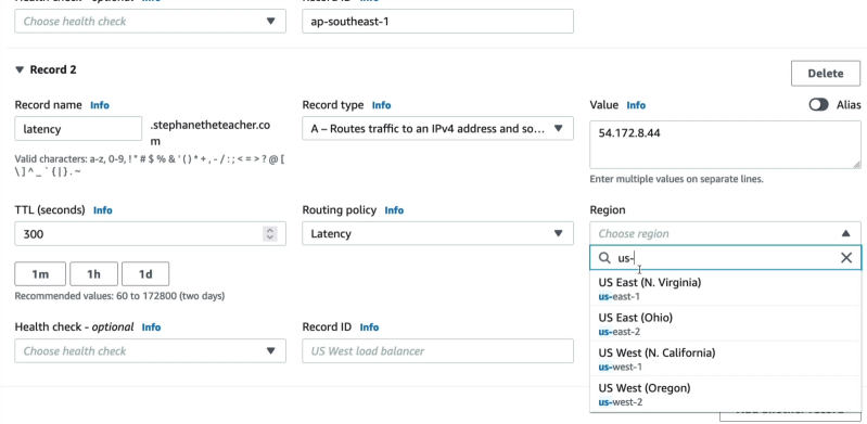 Creating a latency-based record set with multiple regions