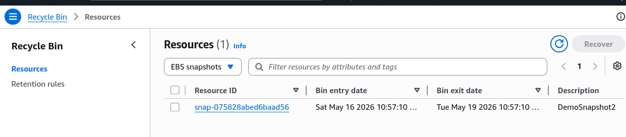 EBS Snapshot in Recycle Bin