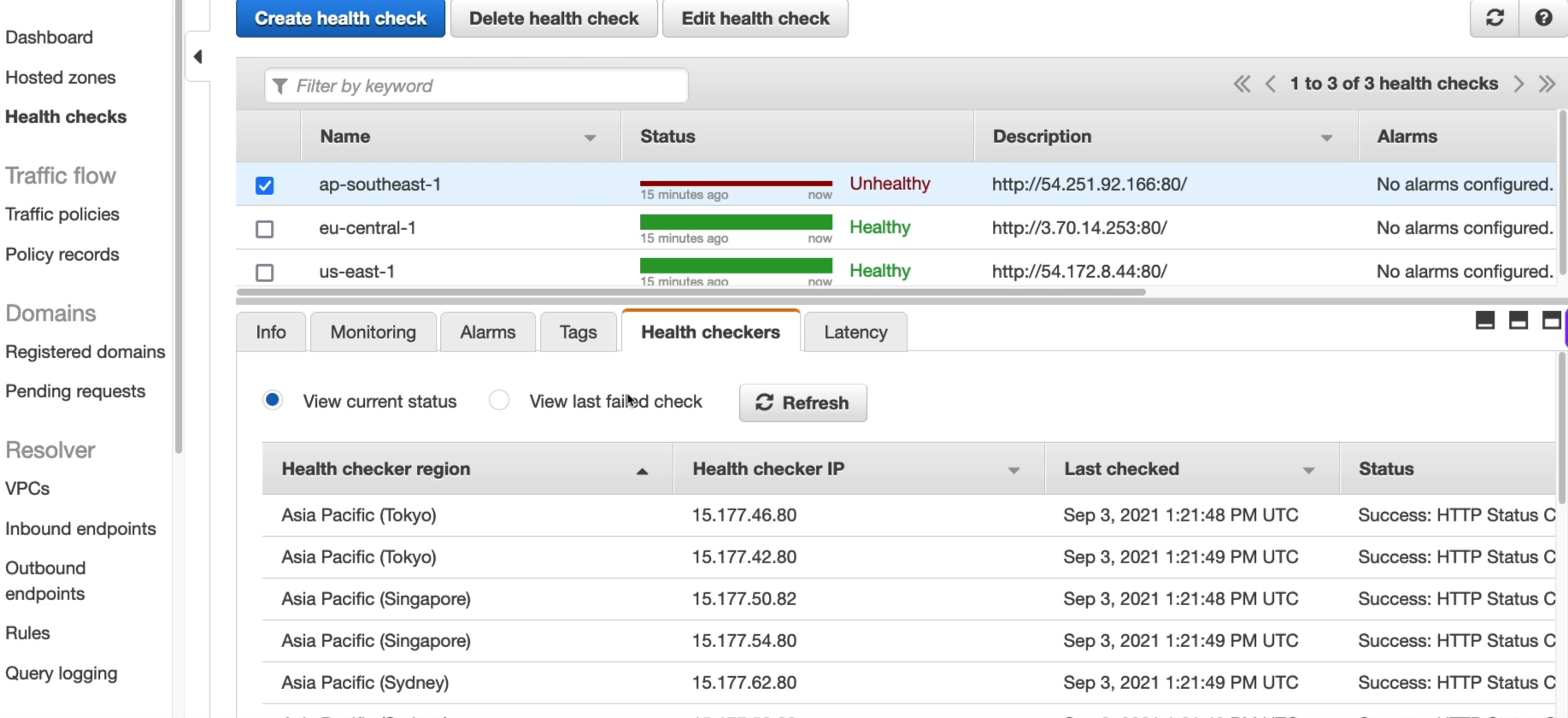 Health checks panel showing connection timeout error