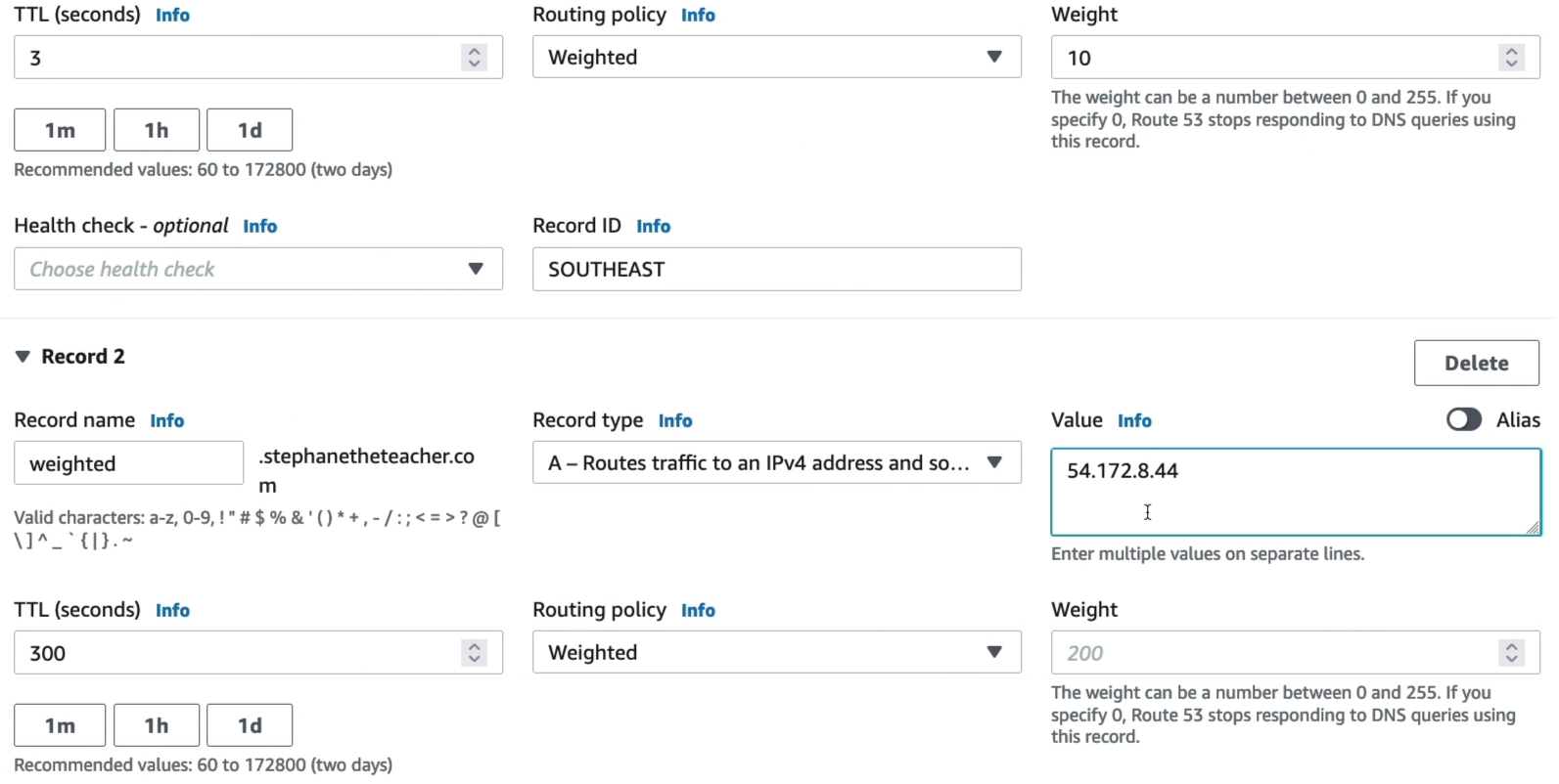 Creation of multiple separate record entries for Weighted Routing Policy